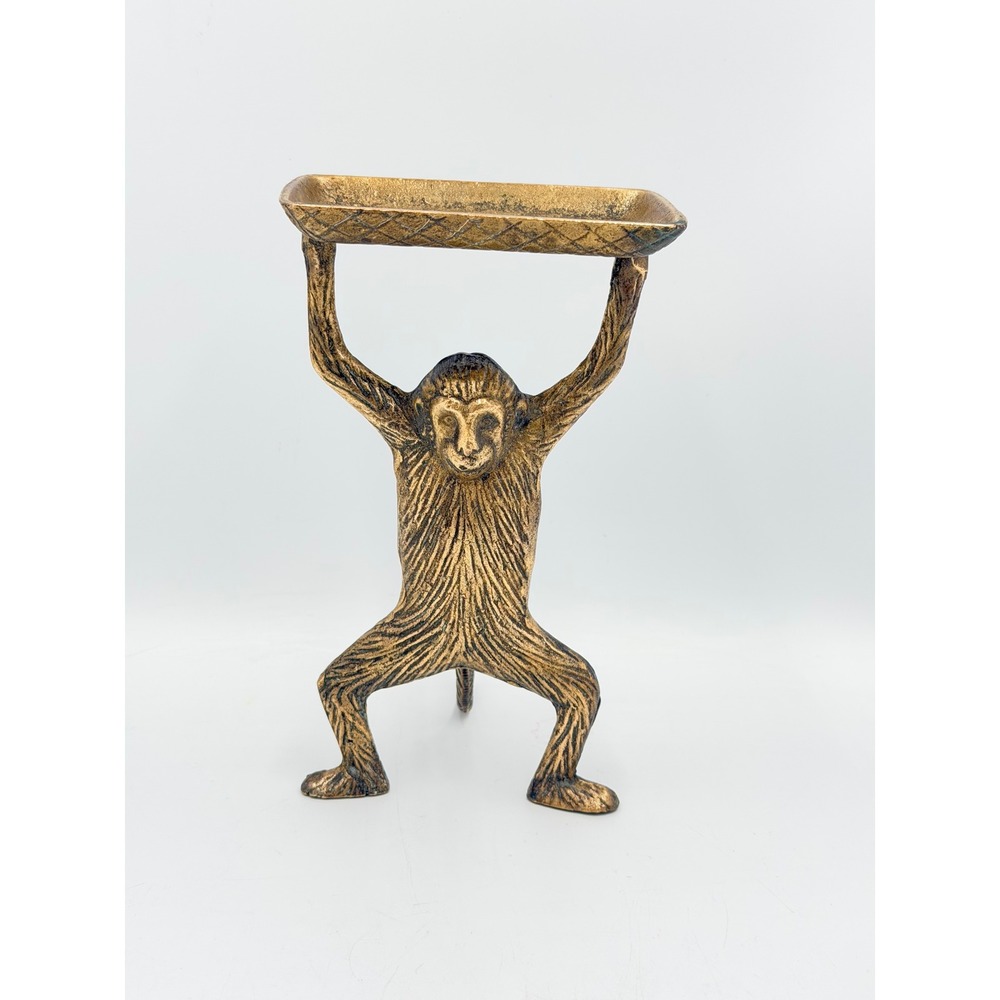 Vintage Brass Monkey Holding Tray Figurine 7" Business Card Trinket Holder